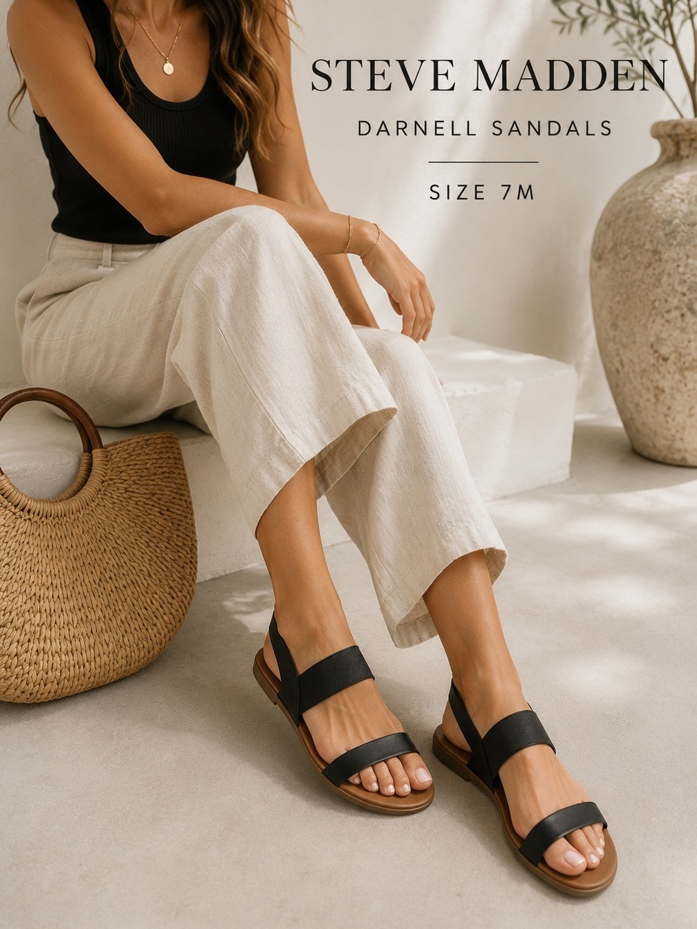 Steve Madden Darnell Black Leather Flat Sandals Women’s Size 7 Minimalist